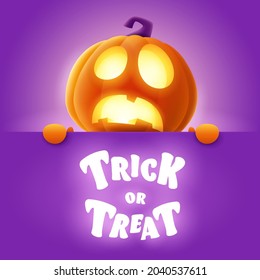 Trick or Treat. 3D illustration of cute glowing Jack O Lantern orange pumpkin character with big greeting signboard on purple background.