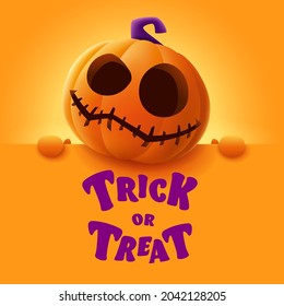 Trick or Treat. 3D illustration of cute Jack O Lantern orange pumpkin character with big greeting signboard on orange background.