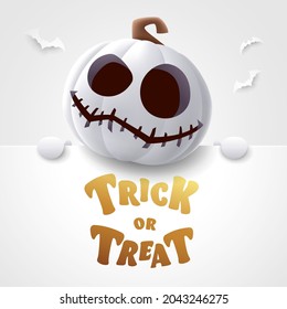 Trick or Treat. 3D illustration of cute Jack O Lantern white pumpkin character with big greeting signboard on white background.