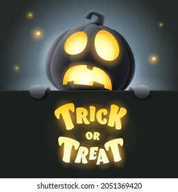 Trick or Treat. 3D illustration of cute glowing Jack O Lantern black pumpkin character with big greeting signboard on black background.