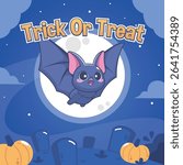 Trick or treat, adorable bat flying, vector illustration