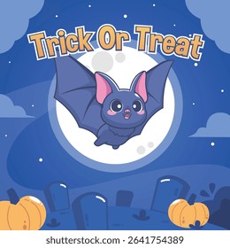 Trick or treat, adorable bat flying, vector illustration