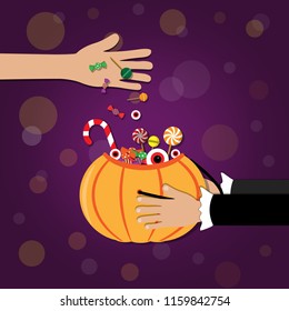 Trick or Treat. adult give candy with children is holding basket pumpkin   on  background.  Halloween theme. Vector illustration.