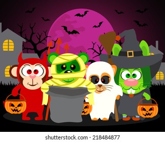 Trick or Treat animals in Halloween costume,vector Halloween background