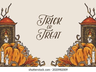 Trick or treat background for celebration halloween party. Spooky autumn flyer with pampkin, skeleton hand and candle for holiday happy halloween