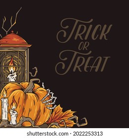 Trick or treat background for celebration halloween party. Spooky autumn flyer with pampkin, skeleton hand and candle for holiday happy halloween