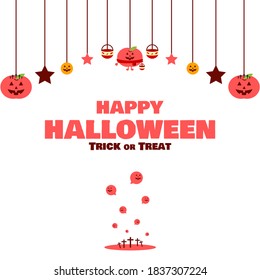 Trick or treat background. Halloween fun banner. Halloween party. Happy Halloween. Apple character.