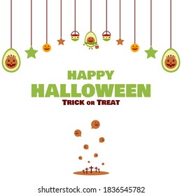 Trick or treat background. Halloween party. Happy Halloween. Avocado character.