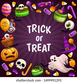 Trick or treat background. Spooky Helloween attributes. Pumpkin, ghost, candies, baloons witch hat, skull icons. Vector Halloween illustration.