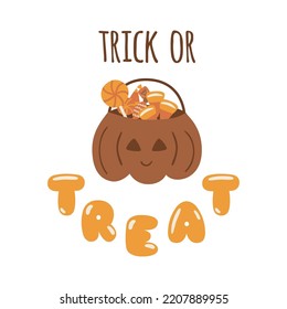 Trick treat bag and Halloween sweets  candies  Cute pumpkin bag for Halloween party  Funny boho Halloween vector illustration  Tasty sweets kids lantern bucket  evil pumpkins container
