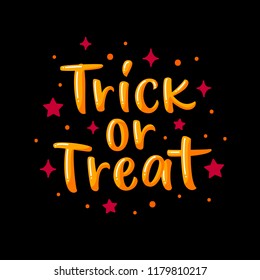 Trick or treat balck typographic image. Hand drawn lettering Halloween design. Autumn favorite holiday star and starry night decoration. Golden and purple vector illustration. Cute Halloween greeting 