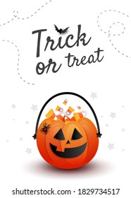 Trick or treat banner. Creative vertical poster with Halloween candy pumpkin bag with decor on orange background with copy space.