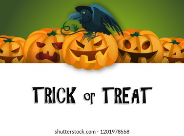Trick or treat banner design with black raven on carved pumpkin on green and white background. Realistic lettering can be used for invitations, signs, announcements