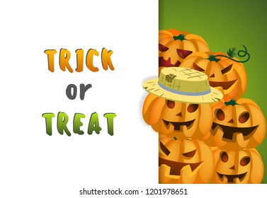 Trick or treat banner design with pumpkin in straw hat on green and white background. Realistic lettering can be used for invitations, signs, announcements