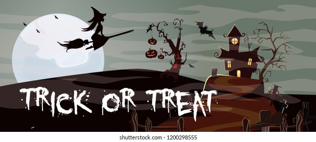 Trick or treat banner design with witch flying on broom to gothic house at full night. Lettering can be used for invitations, signs, announcements