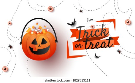 Trick or treat banner. Jack O lantern pumpkins bucket with candy sweet, bats on white background with text