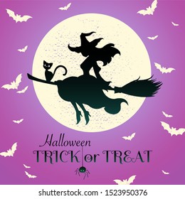 Trick or Treat banner. The pretty witch flies on a broomstick against purple background of the full moon. Halloween greeting concept. Vector illustration.