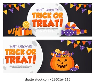 Trick or Treat Banner Set with Candies, Moon and Pumpkin full with candies in Paper Cut Style. Halloween Vector Illustration on Black Background.