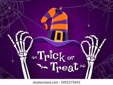 Trick or treat banner with skeleton hands and witch hat. Vector bony fingers emerge from the shadows, gripping mystical striped cap amid intertwined spooky cobwebs, exude haunting spirit of the arcane