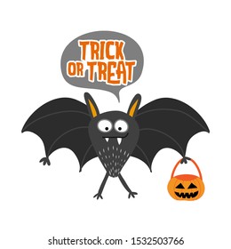 Trick or treat bat with pumpkin bag - Halloween lettering labels design. Retro badge. Hand drawn isolated emblem with quote. Halloween party sign/logo. scrap booking, posters, greeting cards, banners.