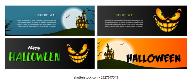 Trick or treat black, blue, orange banner set with castle. Halloween, October, trick or treat. Lettering can be used for greeting cards, invitations, announcements