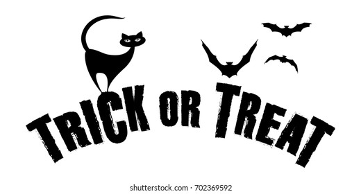 Trick or Treat. Black cat having fun on Halloween time. Bats in the background