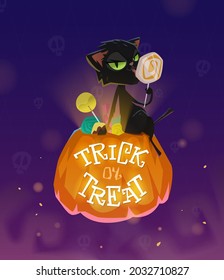 Trick or Treat with Black Cat and Pumpkin