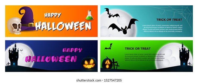 Trick or treat black, red, green banner set with castle. Halloween, October, trick or treat. Lettering can be used for greeting cards, invitations, announcements