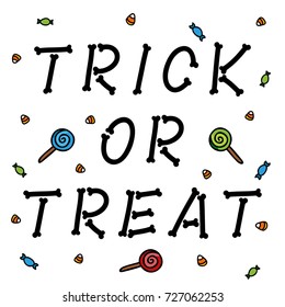 Trick or treat bone letters with candies on white background