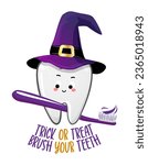 Trick or treat, brush your teeth - Tooth in witch costume with broom and witch hat. Happy Halloween illustration. Good for prints on t-shirt and bag, poster, card. Dental prevention for children.