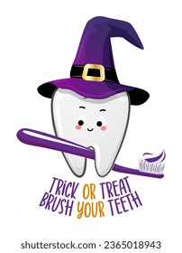 Truco o tratamiento, cepíllate los dientes - diente con traje de bruja con escoba y sombrero de bruja. Feliz ilustración de Halloween. Es bueno para imprimir en camiseta y bolso, afiche, tarjeta. Prevención dental para los niños.