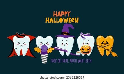 Trick or treat, brush your teeth - Tooth in witch costume with broom and witch hat. Happy Halloween illustration. Good for prints on t-shirt and bag, poster, card. Dental prevention for children.