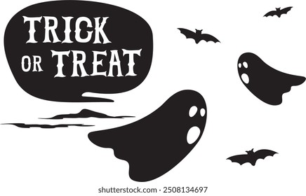 Trick or Treat bubble surrounded by ghosts and bats. Pumpkin, witch, bat, castle, black cat, ghost, spider, candle, skull, creepy, spooky. Vector Illustration.
