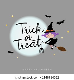 Trick or treat calligraphy hand written. Halloween holiday greeting card with witch flying to the moon and spider. Horror night with star.