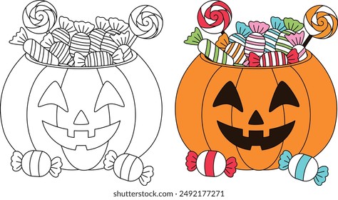 Trick or Treat Candies Halloween Colouring. Halloween Outline Coloring Page