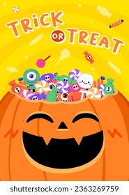 Trick or Treat Candies In Happy Pumpkin Invitation Card : Invite friends to a Halloween bash with this pumpkin-filled card! Overflowing with candies, A fun party. A friendly Jack-o'-lantern.