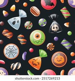 Truco o tratamiento de caramelos sin patrón. Dulces de Halloween repetidos, piruletas espeluznantes, malvaviscos, decoración de la cara de calabaza. Textil, envoltura, diseño de Fondo de pantalla. Imprimir para fondo de Vector de tela