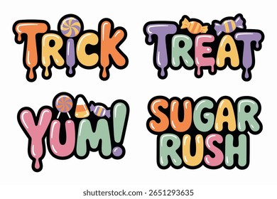 Trick ou tratar etiqueta de doces, yum açúcar rush, Halloween tratar adesivo, sinal de sobremesa colorido, design de festa assustador, ilustração festiva