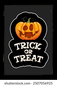 Trick or treat card with carved pumpkin on black background. Vector illustration.