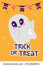Trick or Treat card with cute ghost and flags. Vector illustration.