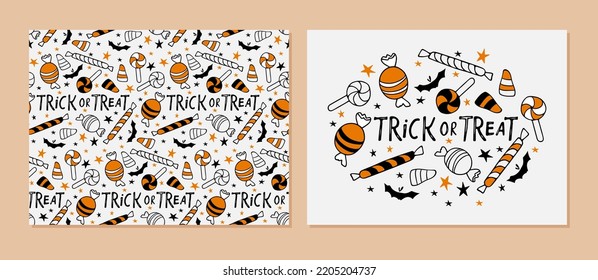 Trick or Treat card and seamless pattern. Halloween sweets black orange linear sketch. Halloween symbols. Autumn Season, Halloween candy design for card, invitation, flyer, posters, banner