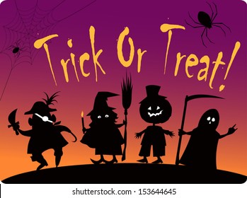 Trick or treat card with silhouettes of four cute Halloween costumed characters: Pirate, Witch, Great Pumpkin and Grim Reaper 