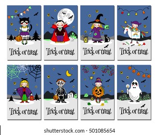 Trick Or Treat cards, invitation or greeting cards,hand drawn vector illustration