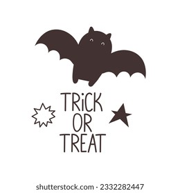 Trick or treat . Cartoon bat, hand drawing lettering. Colorful vector illustration, flat style. design for cards, print, poster
