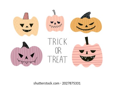 Trick or treat. Cartoon pumpkins, hand drawing lettering, decor elements. Colorful vector illustration, flat style. design for cards, print, poster