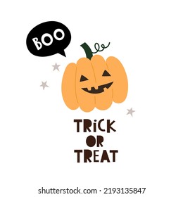 Trick or treat. Cartoon pumpkins, hand drawing lettering, decor elements. Colorful vector illustration, flat style. design for cards, print, poster