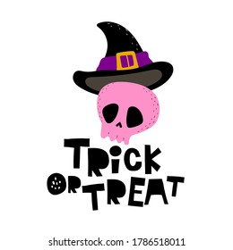 trick or treat. Cartoon skull, hat, hand drawing lettering. Colorful vector illustration, flat style. design for cards, print, poster