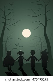 Trick or Treat. Children Halloween. Monsters kids on the forest