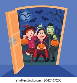 Trick Or Treat, Children And Man Open Door, Mystery, Holiday, Culture, Halloween, Decoration, Fantasy, Night Party