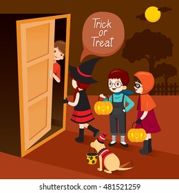 Trick Or Treat, Children And Man Open Door, Mystery, Holiday, Culture, Halloween, Decoration, Fantasy, Night Party